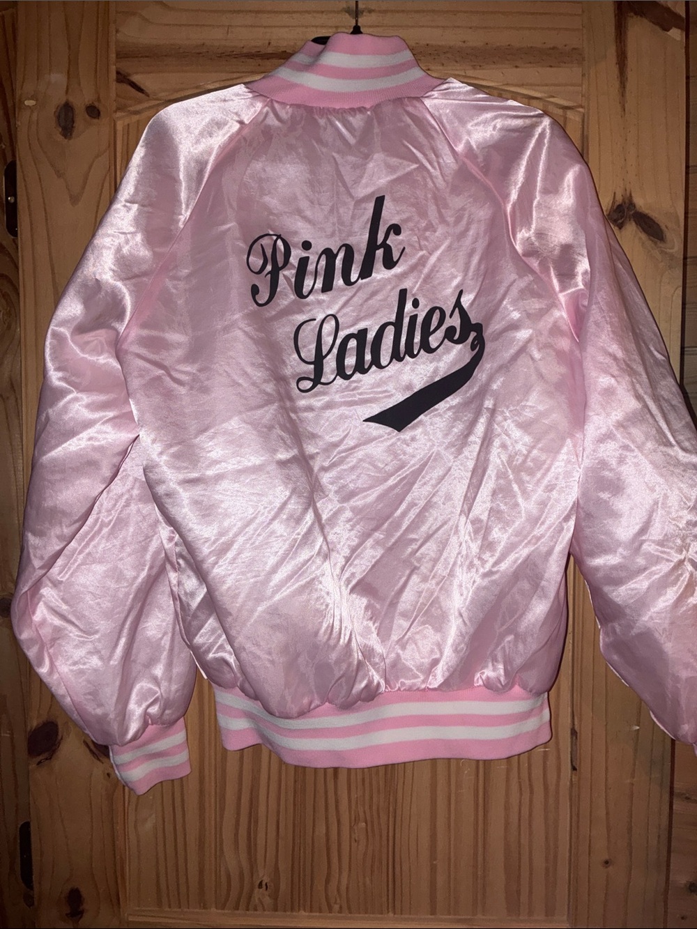 Women’s Pink Satin “Pink Ladies” Jacket with Striped Trim, Grease (Halloween)!!